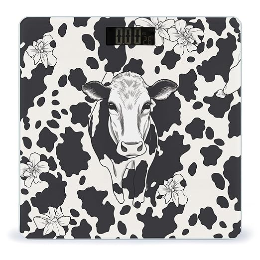 Black and White Cowm Scale for Body Weight Anti-Slip Sturdy Tempered Glass Weighing Machine Highly Digital Accurate Bright LCD Bathroom Scale for Household Gift