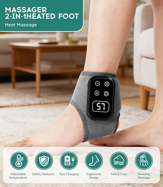 Foot Massager Triple Method Massager - Electric Foot and Ankle Massager Heated Wrap with 5 Vibration Modes and 5 Heat Levels - Cordless Portable Design 1-Pack