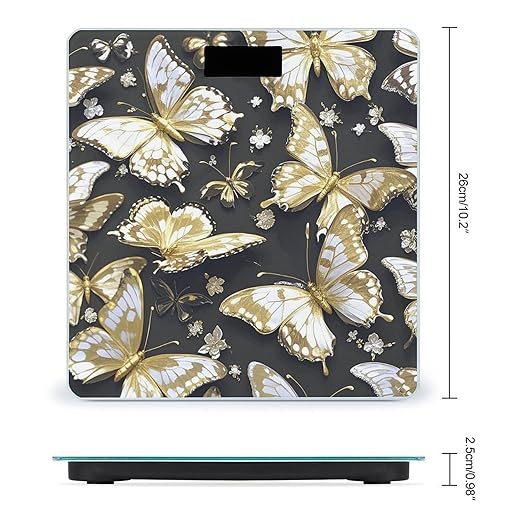 Gold White Butterflies Black Bathroom Scale for Body Weight with High Precision Large LCD Backlight Display Digital Weighing Scale with BMI Capacity Up to 180kg