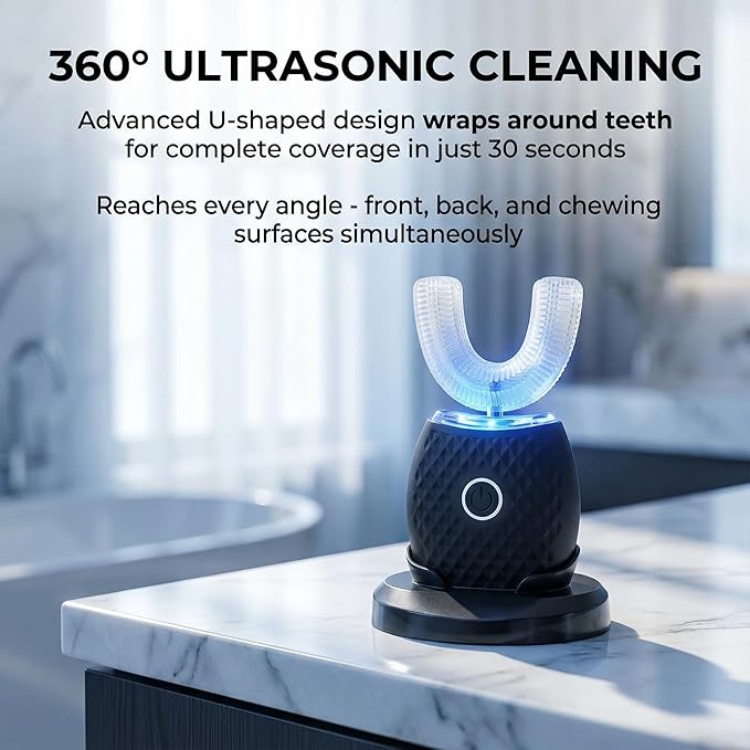 U-Shaped Electric Toothbrush for Adults Hands-Free Auto Teeth Cleaner with 360° Ultrasonic &amp Foam Mousse 4 Brush Heads LED Light &amp Charging Base Kit (Black)