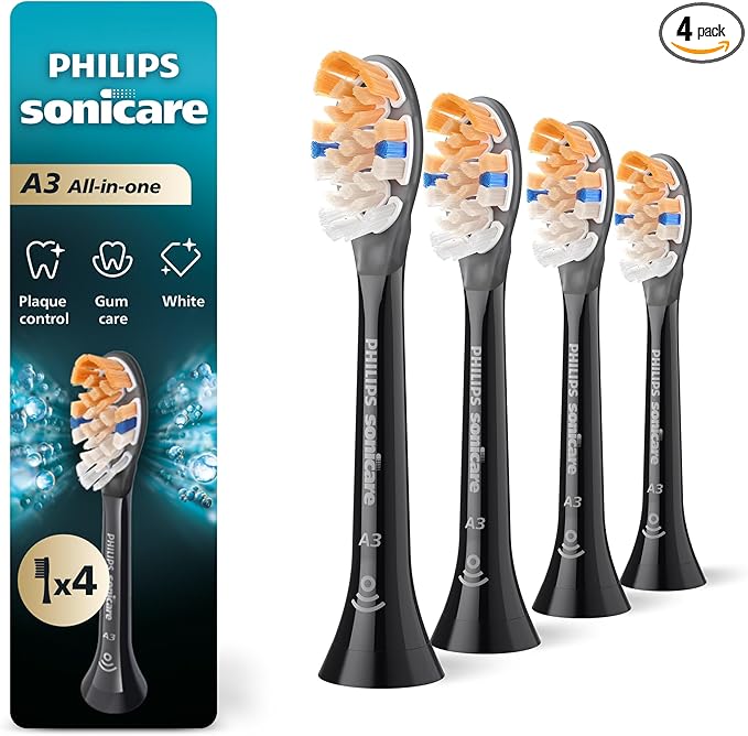 Philips Sonicare A3 All-in-One - Genuine Replacement Electric Toothbrush Heads Black 4 Pack One Year Supply HX9094/95