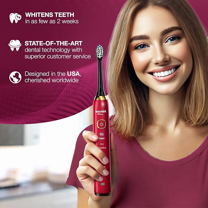 Wagner Stern The Ruby Red Edition ultrasonic whitening Electric Toothbrush Features Five Brushing Modes Eight Soft Brush Heads and a Premium Travel case.