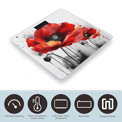 Beautiful Poppy Flower Ink Scale for Body Weight Safe Rounded Corners Tempered Glass Digital Bathroom Scale LED Display 400lb Capacity Weight Scales with High Precision Sensors