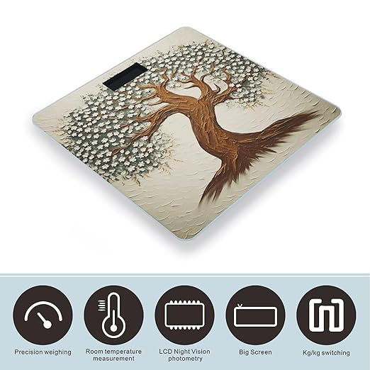 Tree Printed Scale for Body Weight Precision Bathroom Weighing Scales with Back Lit LCD Display Sturdy Tempered Glass Body Weight Scales Digital Bathroom Scale 400lb