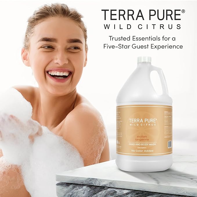 Terra Pure Wild Citrus Gallon Hand &amp Body Wash – Refill Jug for Hotels Vacation Rentals Guest Homes Spas Gyms | Bulk Liquid Soap Toiletries | No Color Added | For Sensitive Skin &amp Daily Us