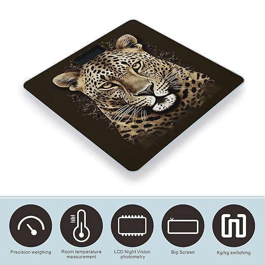 Patterned Leopard Head Digital Bathroom Scale for Body Weight Weighing Scale with Backlit LCD Display High Precision Measurements &amp Measures Weight Up to 180kg