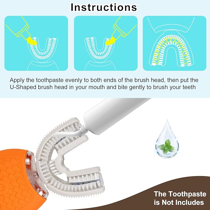 Electric U Shaped Toothbrush for Adult360 Degree Automatic Cleaning Ultrasonic Tooth Brush has 23760 Nylon Bristles and 3 Modes Standard Fast Ultra Fast(Orange)