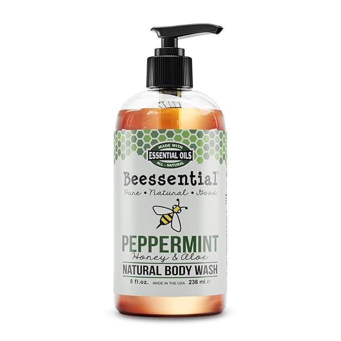Beessential Natural Body Wash Peppermint | Sulfate-Free Bath and Shower Gel with Essential Oils for Men &amp Women 8 oz