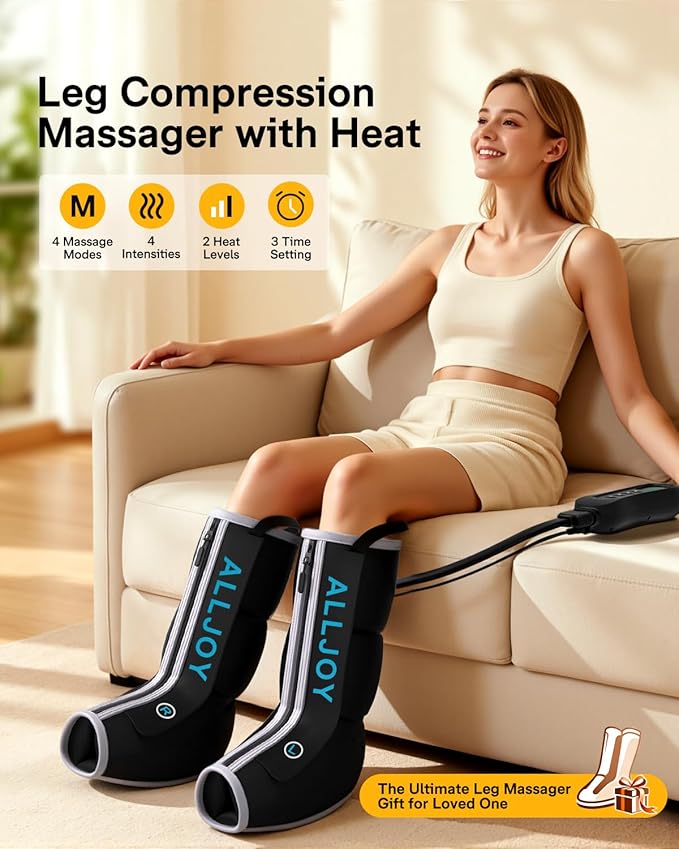 ALLJOY Fathers Mothers Day Gifts Leg Massager with Heat and Compression Sequential Leg Compression Massager Boots w/ 2 Heat 4 Mode 4 Intensity Leg Massager for Circulation and Pain Relief FSA