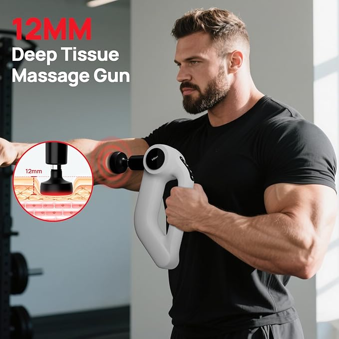 Massage Gun with Heat - Deep Tissue Percussion Massager for Pain Relief 12mm Amplitude 5 Speeds &amp 8 Attachments Ideal for Muscle Recovery Back Shoulder Leg - Gift for Athletes Men Women (Whi