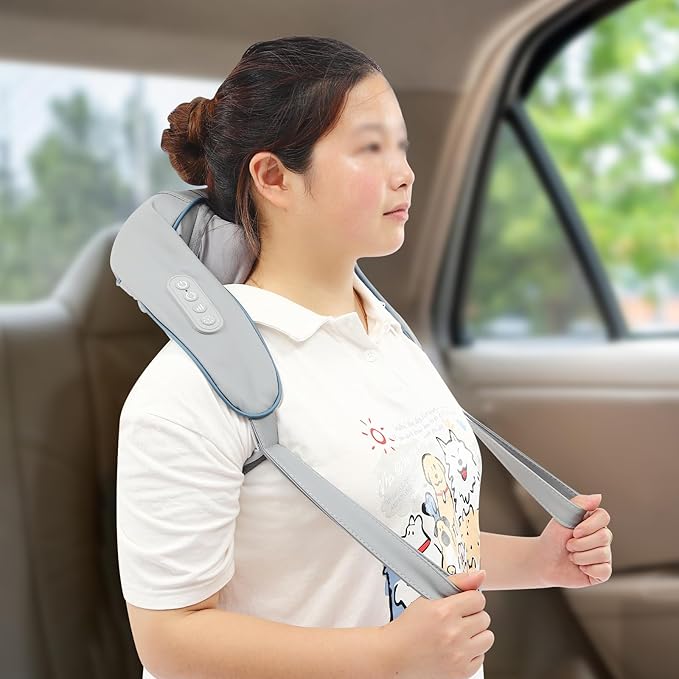 Neck Massager for Pain Relief Deep Tissue 5D Kneading Neck and Shoulder Massager with Heat 6 Massage Heads Rechargeable Massager Gifts for Women Men Mom Dad (Grey)