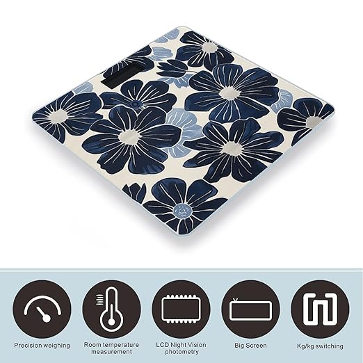 Navy Blue Flowers Scale for Body Weight Sturdy Tempered Glass Weighing Scales with LCD Display Accurate Digital Bathroom Scale Convenient Body Fat Smart Scales Easy Read