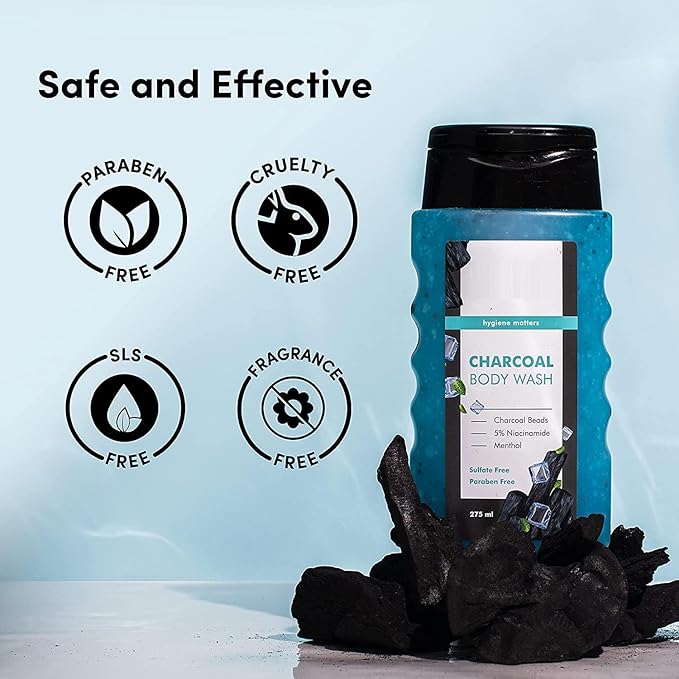 DK Charcoal Body Wash for Men | with 5% Niacinamide Activated Charcoal &amp Menthol | Deep Cleansing Detoxifying &amp Exfoliating Showering Gel | Paraben Free Soap Free | 275ml