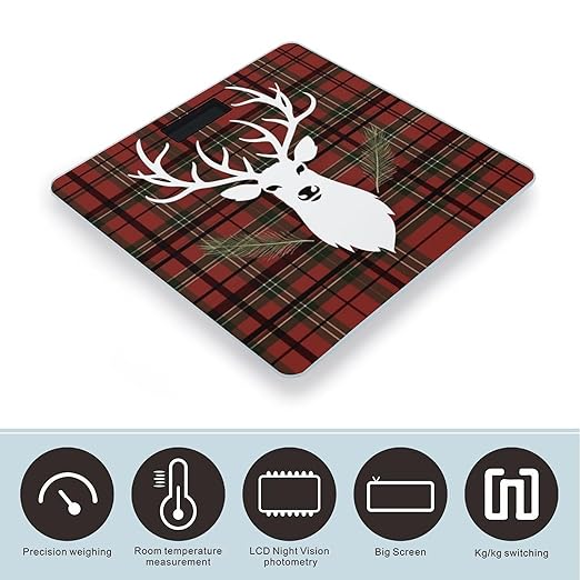 Merry Christmas Reindeer Tartan Checkered Plaid Xmas Weight Scale for Body Weight Digital Bathroom Scale High Capacity Accurate Digital Weighing Scales and Easy-to-Read on Backlit LCD Display Scales
