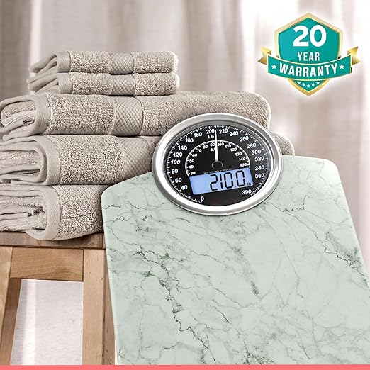 Adamson Hybrid 2-in-1 Analog &amp Digital Weighing Scale for Body Weight up to 400lbs - Thick Tempered Glass - Extra Large Display - Easy to Read Digital Bathroom Scale - New - Marble White