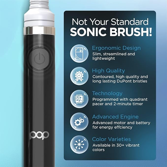 Pop Sonic Electric Toothbrush (Black + 4 Brush Heads) - Travel Toothbrushes w/AAA Battery | Kids Electric Toothbrushes with 2 Speed &amp 15000-30000 Strokes/Minute Dupont Nylon Bristles