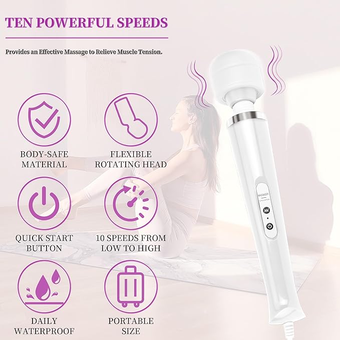Wired Wand Massager for Women 10-Speed Electric Handheld Deep Tissue Massager Powerful Plug-in Full Body Muscle Recovery Tool for Neck Back Shoulder &amp Foot Relief (White)