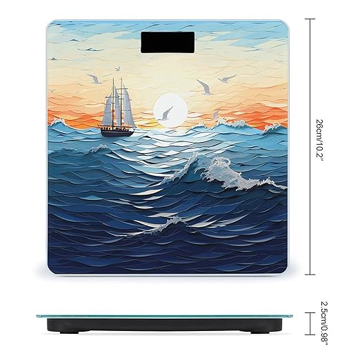 Ocean Waves Sailboat with Birds Maritime Bathroom Scale Large LCD Backlight Display Digital Scale Rounded Corners Body Scales Automatic Power On/Off Bathroom Scales for Home Bedrooms