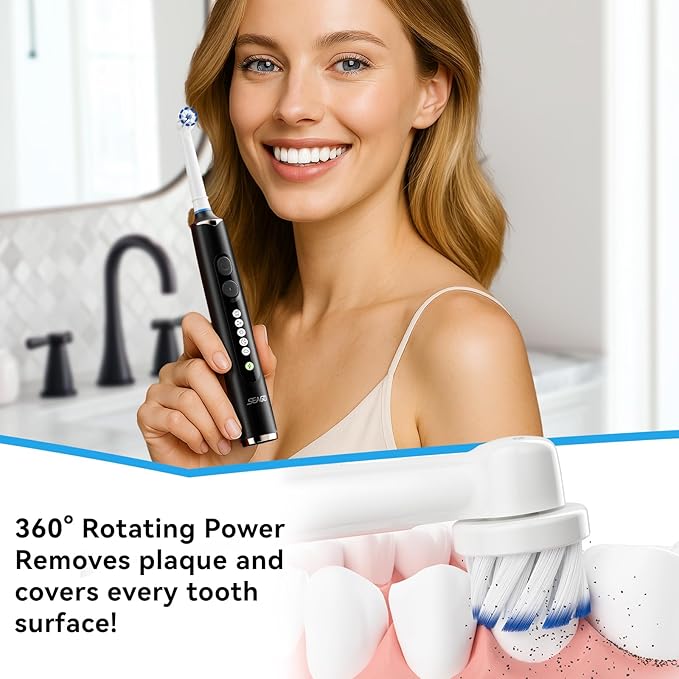 SEAGO Soft Round Electric Toothbrushes with 8 Spin Brush Heads 5 Cleaning Modes Rechargeable Sonic Toothbrush with Timer and Travel Case for Adults and Kids(SG-2607-Black