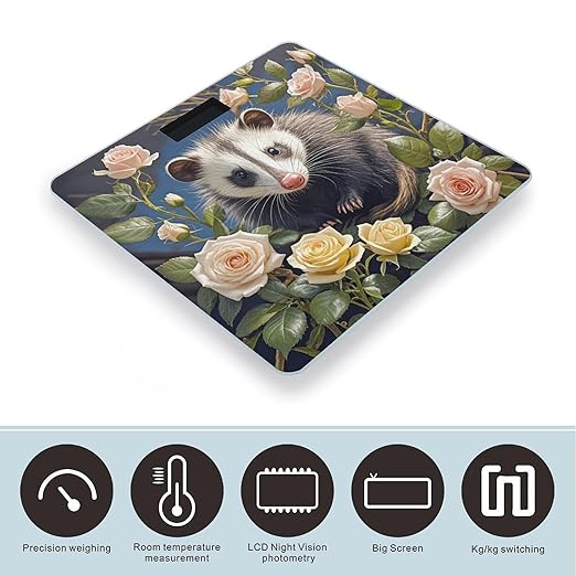 Opossum and Roses Scale for Body Weight Highly Accurate Digital Bathroom Body Scale Digital Bathroom Scales for People Anti-Slip Large LCD Display Smart Scales