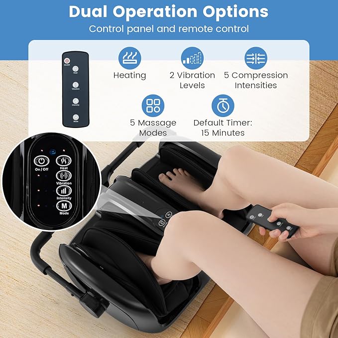 Giantex Foot Massager with Heat Calf Massager with Remove Control 2 Vibration Options 5 Mode &amp 5 Compression Intensity 360°Adjustable Stand Shiatsu Foot Massage Machine for Calf Arm Relax (Bl