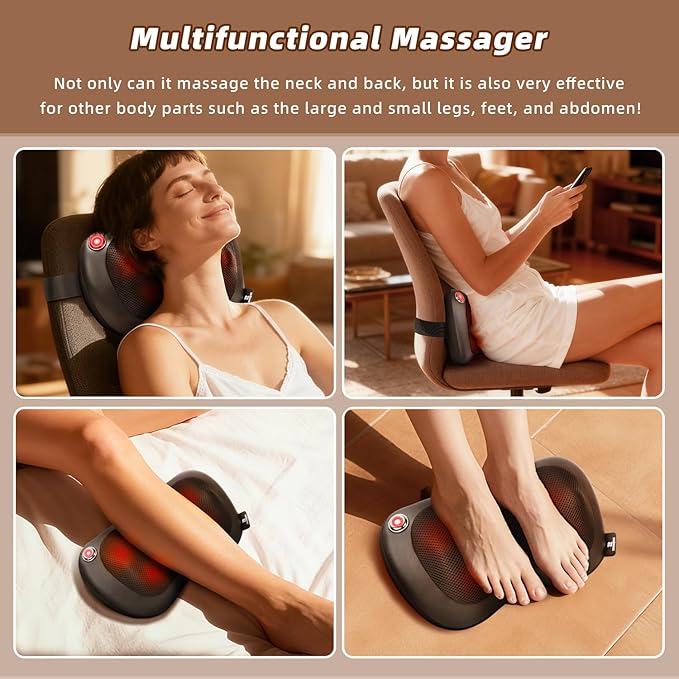 Zenopax Shiatsu Neck and Back Massager with Heat 3D Deep Tissue Kneading Cordless Rechargeable Electric Massage Pillow for Muscle Pain Relief Use at Home Car Office Gifts for Men Women