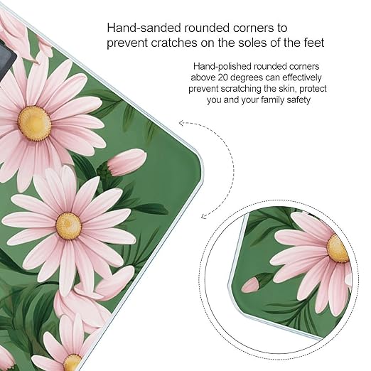 Leaves and Daisies Scale for Body Weight Anti-Slip Tempered Glass Digital Bathroom Scales Clear LCD Display Weighing Scale Safe Rounded Corners Smart Scales