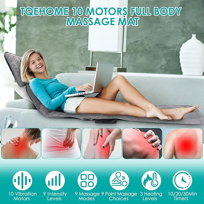Full Body Massage Mat with Heat &amp Movable Shiatsu Neck Back Massager Pillow Upgraded Massage Mattress Pad with 10 Vibration Motors9 Massaging Mode2 Heating Padfor Back Neck Leg Pain Relief