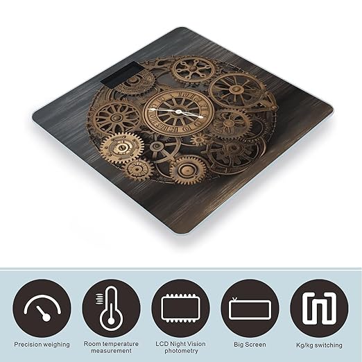 Steampunk Gears Clock Weight ScaleClear LED Display Bathroom Digital Weighing ScaleTempered Glass Digital Bathroom Scale for Body Weight Capacity Up to 400 Lbs