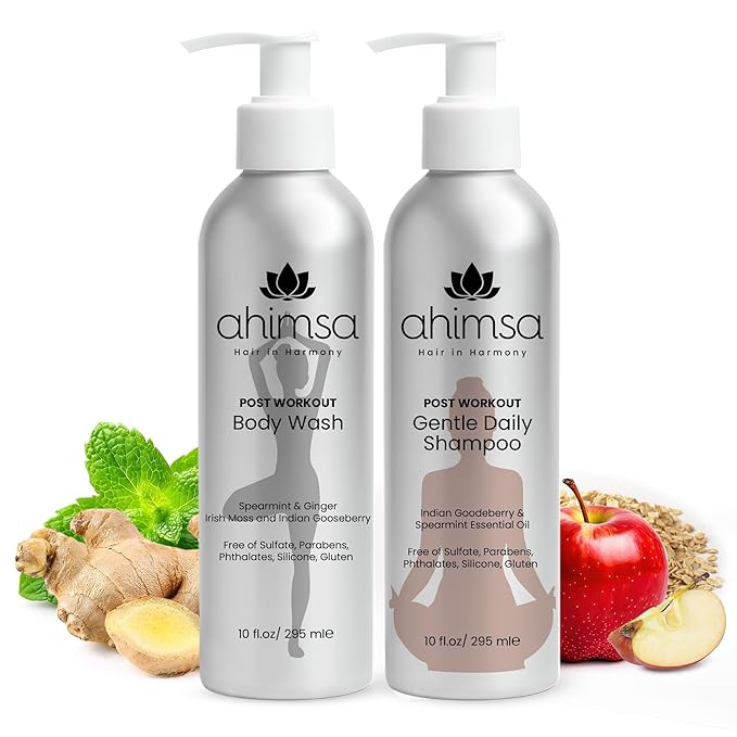 Ahimsa Natural Body Wash for Women 10oz + Gentle Purifying Shampoo Hydrating Plant-Based Body Wash with Ginger &amp Spearmint for Sensitive Skin and Daily Clarifying Shampoo with Indian Gooseberry &