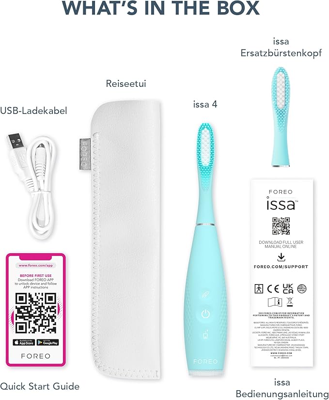 FOREO ISSA 4 Electric Toothbrush – 4-in-1 Rechargeable with Extra Brush Head Soft Bristles Long-Lasting Use Gentle Cleaning - Pearl Pink