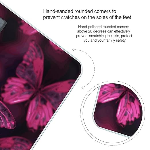 Pink Butterfly Scale for Body Weight Anti-Slip Digital Bathroom Scale Sturdy Toughened Glass Weighing Scales High Precision Safe Rounded Corners Smart Scales