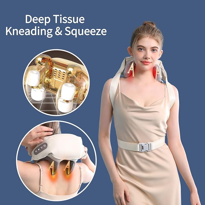 Wearable Neck Shoulder Massager Deep Tissue Shiatsu Back Massagers with Heat for Pain Relief Electric Human-Hand Kneading Squeeze Muscles Massage Pillow Gifts for Women Men Full Body Use
