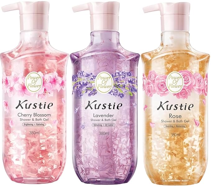 Kustie Real Flower Petal Perfume Body Wash with Essential Oils 24H Fragrance &amp Deep Moisturizing Cleanse Shower Gel for Sensitive &amp Dry Skin with Pump Bottle 12.8 fl oz 3-Pack