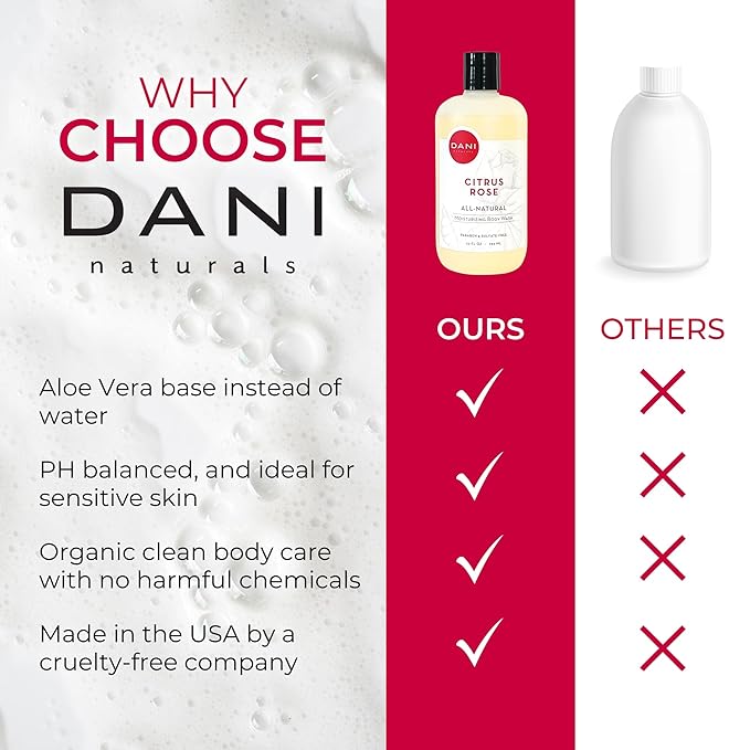 DANI Naturals Moisturizing Body Wash - Citrus Rose Scent with Organic Aloe Vera &amp Natural Glycerin - Paraben &amp Sulfate-Free Shower Gel - 12 oz - Vegan &amp Cruelty-Free