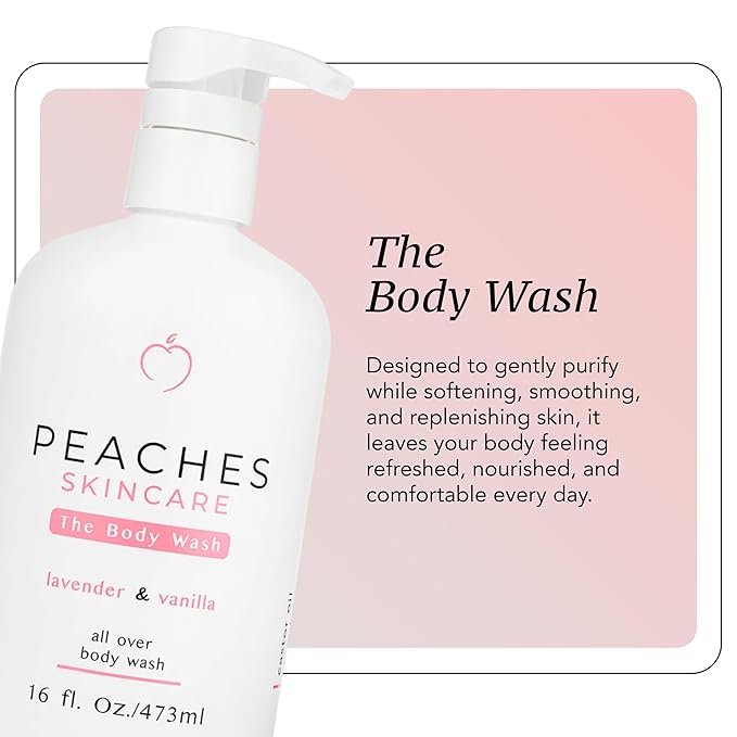 Peaches Skin Care Body Wash with Lavender and Vanilla - Gentle Sulfate-Free Cleanser for Soft Smooth-Looking Skin - Daily Body Wash for Men and Women 16 oz