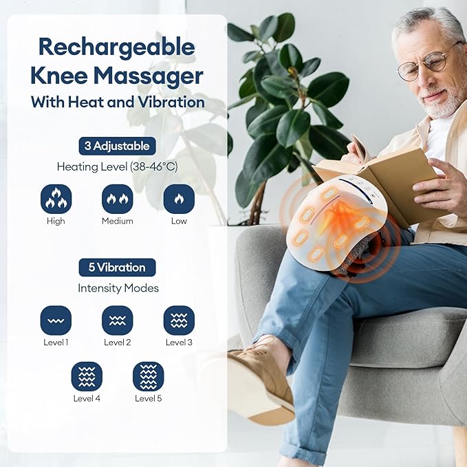 IeBilif Cordless Knee Massager with Heat 5 Vibration Modes &amp 3 Heating Levels 6 Silicone Massage Heads Adjustable Double Straps Portable Heated Knee Massager Gifts for Men Women