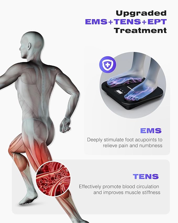 KINGJOY Foot Massager for Neuropathy Rechargeable EMS TENS Foot Stimulator with 10 Modes 20 Intensities for Circulation Plantar Fasciitis &amp Swelling Pain Relief Gifts for Women Men-Black