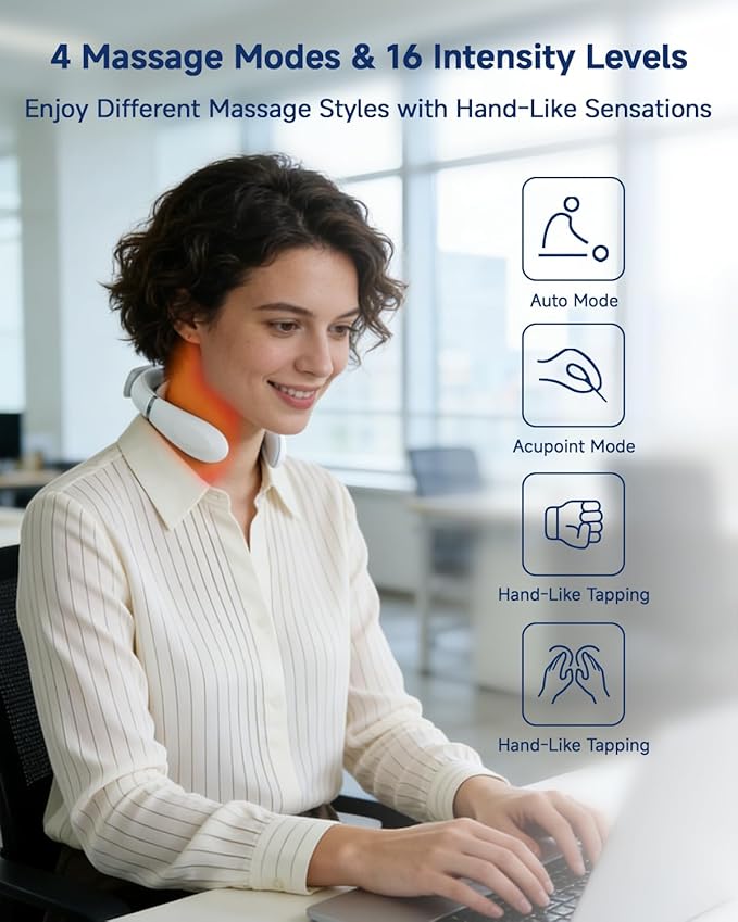 Foldable Neck Massager with Heat Electric Neck Massager with Wireless Remote 16 Intensity Levels 4 Modes Food-Grade Silicone LCD Display Portable Neck Massager for Office Home Travel