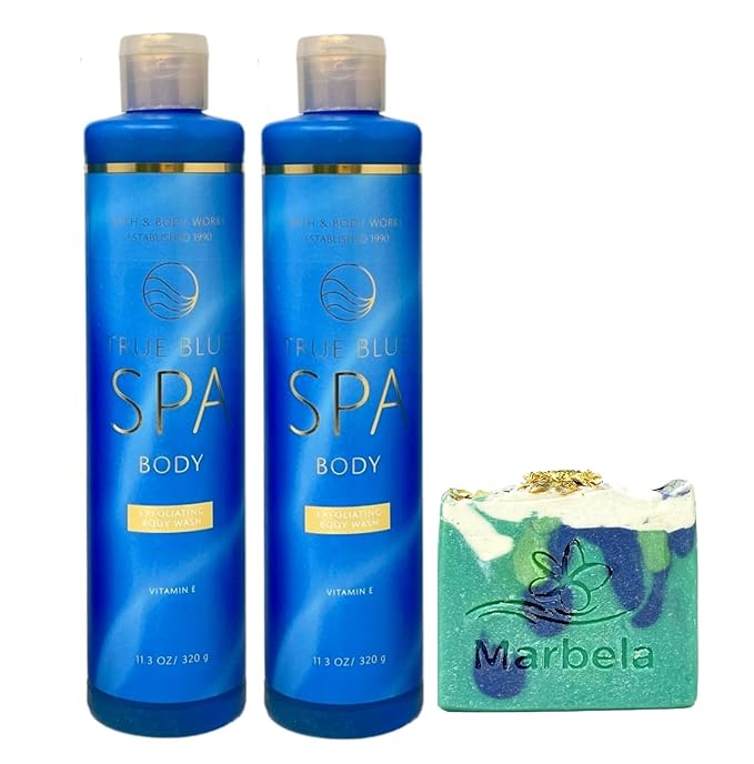 Bath &amp Body Works True Blue Spa 2 Pack Exfoliating Body Wash Bundle with an Aloe Vera Bar Soap - Full Size