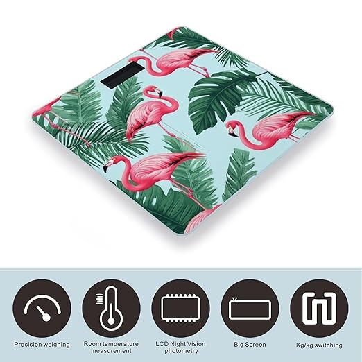 Digital Bathroom Weighing Scale Energy Saving Scale Smart Scale for Body Weight Green Tropical Palm Banana Leaves Lovely Exotic Bird Pink Flamingo