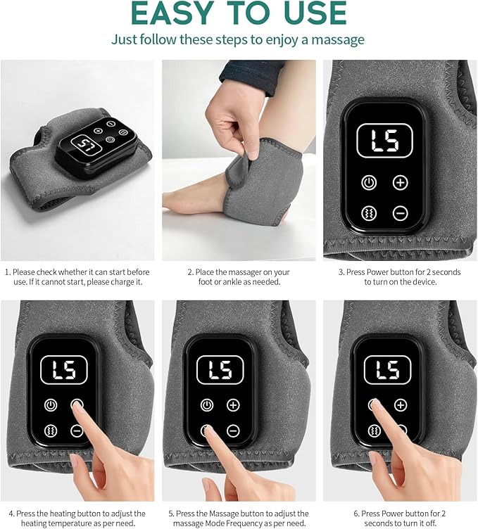 Foot Massager Triple Method Massager - Electric Foot and Ankle Massager Heated Wrap with 5 Vibration Modes and 5 Heat Levels - Cordless Portable Design 1-Pack