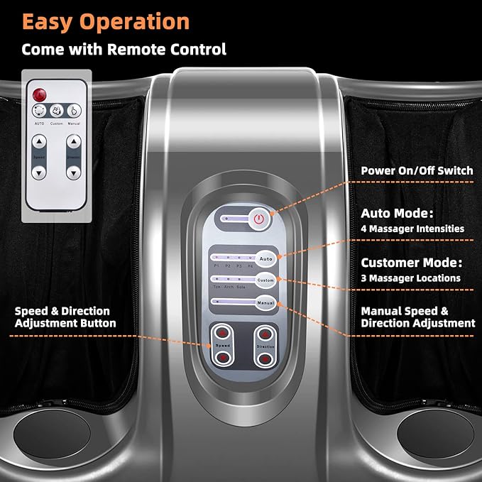 RELAX4LIFE Shiatsu Foot Massage Machine Rolling Massager with Remote Control 4 Programs 3 Modes Touch Panel Electric Calf Deep Kneading for Plantar FasciitisTired Muscle Massaging (Gray)