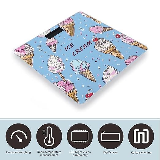 Digital Bathroom Scale for Body Weight Scale with Bright LCD Display High Accuracy Step-On Technology Auto On/Off Ice Cream Hand Drawn Digital Scales 400 Lbs /180kg