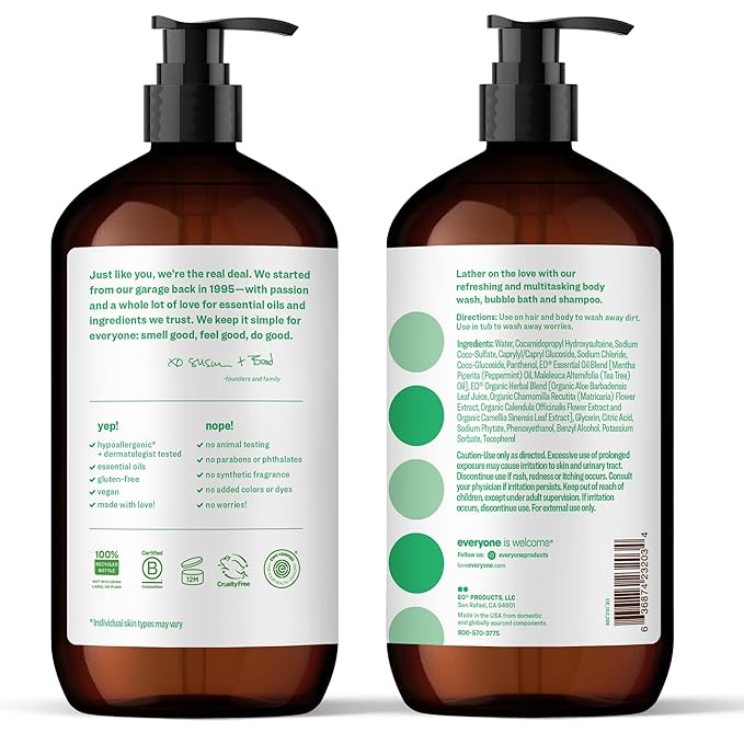 Everyone 3-in-1 Soap Body Wash Bubble Bath Shampoo 32 Ounce (Pack of 2) Peppermint Tea Tree made with Essential Oils for Men and Women
