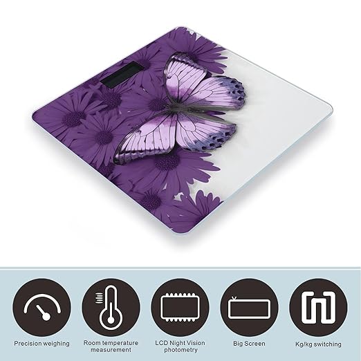 Purple Butterfly Bathroom Scale Large LCD Backlight Display Digital Scale Rounded Corners Body Scales Automatic Power On/Off Bathroom Scales for Home Bedrooms