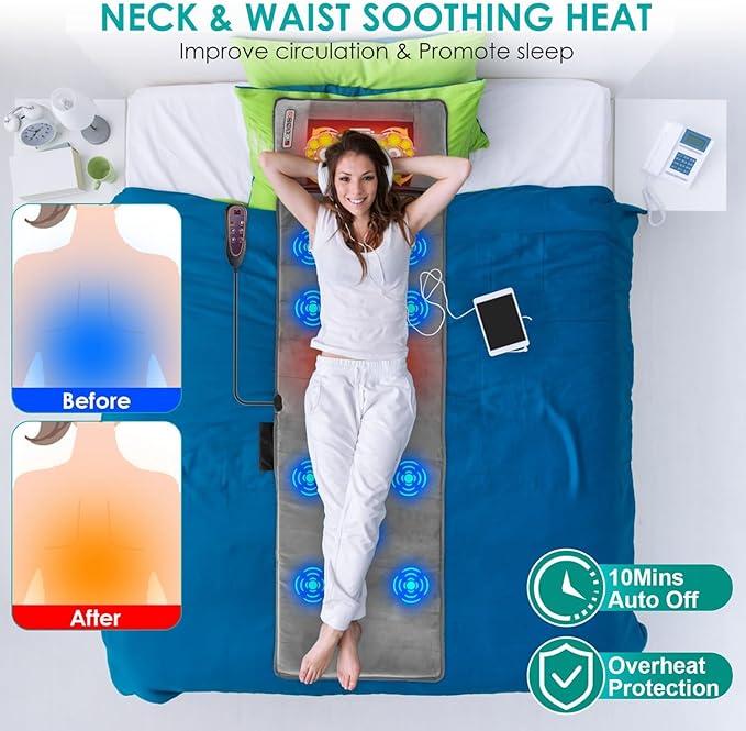 Full Body Massage Mat with Heat &amp Movable Shiatsu Neck Back Massager Pillow Upgraded Massage Mattress Pad with 10 Vibration Motors9 Massaging Mode2 Heating Padfor Back Neck Leg Pain Relief