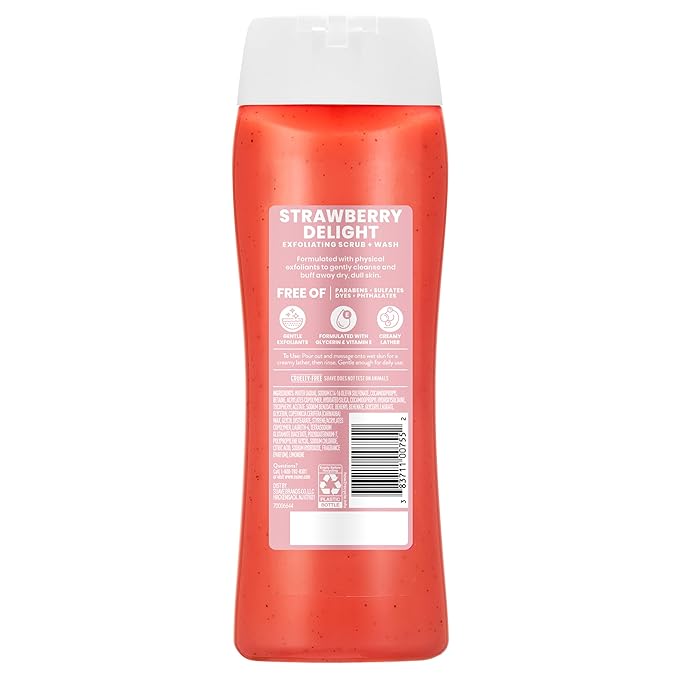 Suave Strawberry Delight Exfoliating Body Wash &amp Scrub with Glycerin &amp Vitamin E Sulfate-Free Hydrating Cleanser for Soft Smooth Skin 18 FL OZ Pack of 6