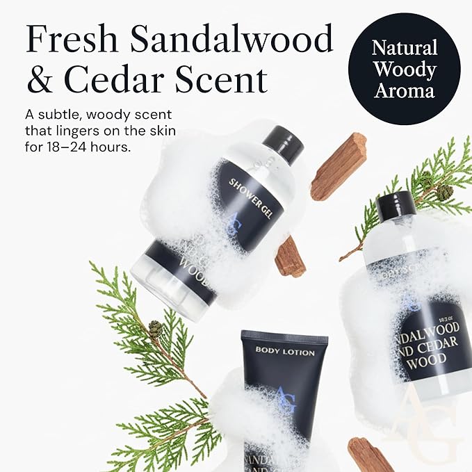 Shower Kit Men Bath and Body Gift Set For Him - Shower Gel Body Scrub &amp Body Cream Sandalwood &amp Cedar Scent 3 pcs 720ml - Skin Care Kit Fathers Day Birthday Idea for Him
