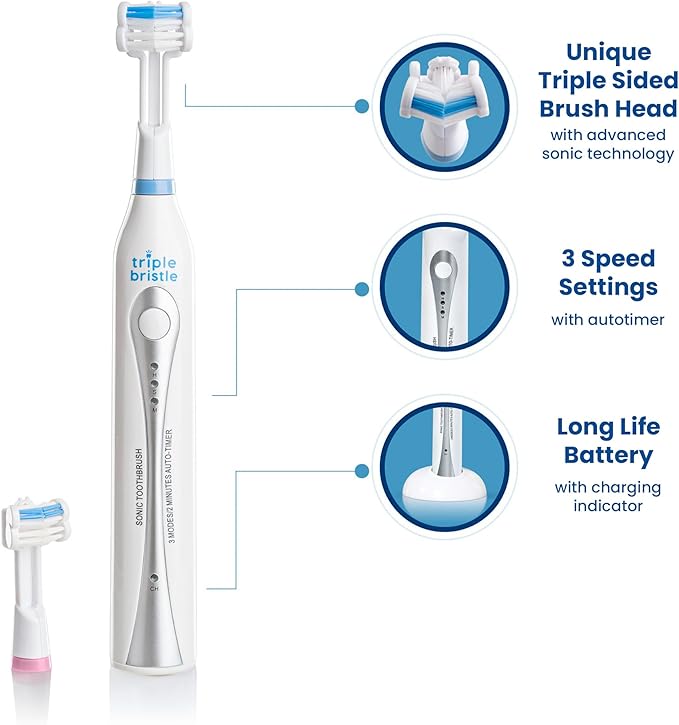 Triple Bristle Original Sonic Toothbrush | Rechargeable 31000 VPM Tooth Brush | Patented 3 Head Design | Angled Bristles Clean Each Tooth | Dentist Created &amp Approved Original